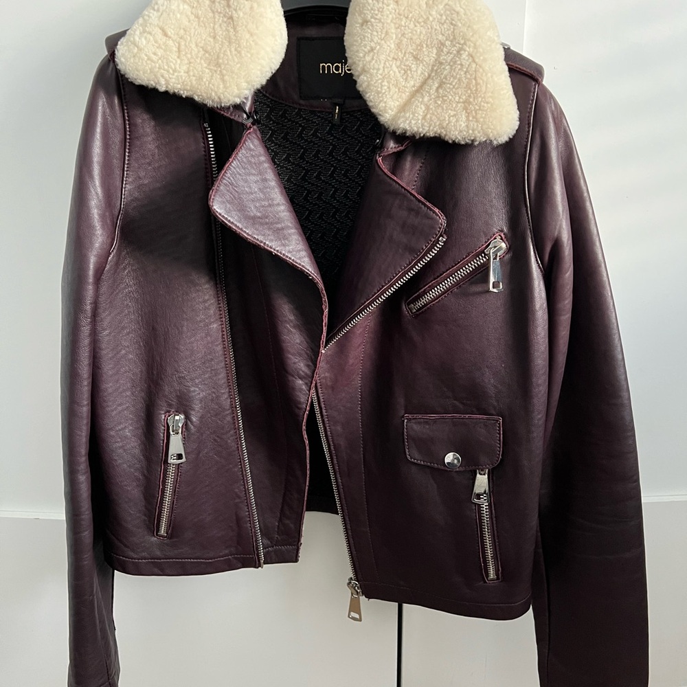 Maje Burgundy Leather Jacket with Cream Collar